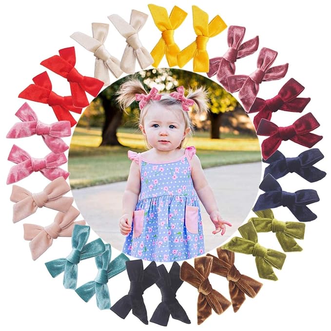 Yxiang 24PCS Velvet Hair Clips and Barrettes for Baby Girls, 4 inches Hair Bows Fully Lined Non Slip Barrettes Christmas Hair Accessories for Toddler Kid Little Girl (12 Pairs)