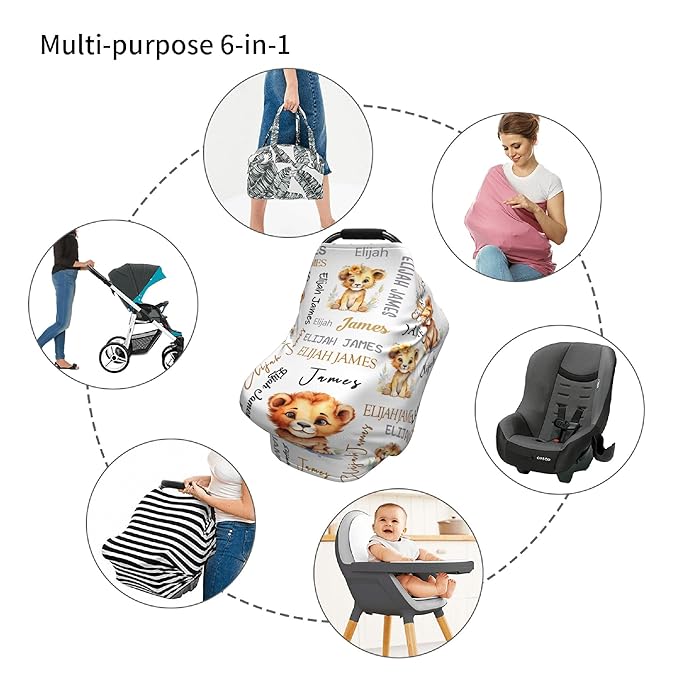 Personalized Baby Car Seat Covers for Babies, Custom Lion Nursing Breastfeeding Carseat Canopy with Name, Infant Stroller Covers for Newborn Girls Boys, Breathable Carseat Cover