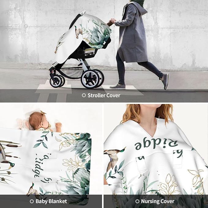 Custom Baby Car Seat Canopy with Name, Personalized Stroller Baby Car Seat Covers for Boys Girls, Minky Nursing Carseat Cover for Breastfeeding, Car Seat Canopies for Infant Newborn(Wild Duck)