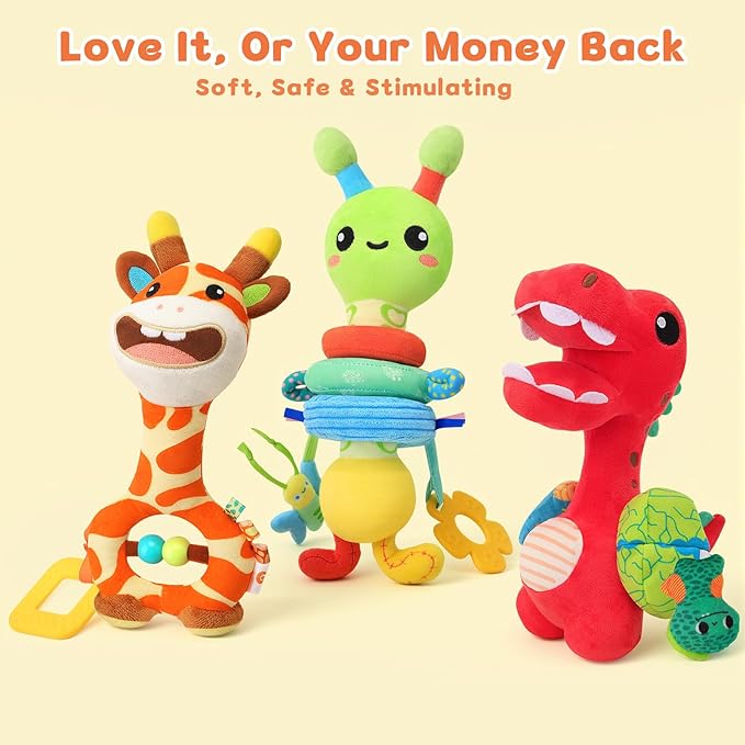 Baby Toy 0-12 Months - BPA-Free Soft Plush Sensory Toy with Gentle Squeaker, Safe Hand Grip & Teething Relief, Portable Newborn Toy for Diaper Bag, Baby Shower Gift (Orange Giraffe)
