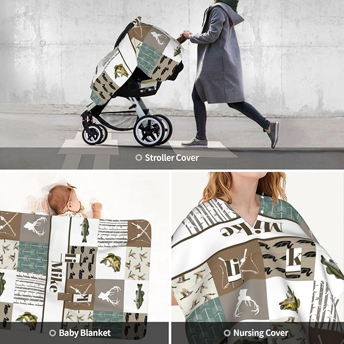 Custom Baby Car Seat Canopy with Name, Personalized Hunting Theme Baby Car Seats Covers for Baby Boy, Opening Minky Nursing Breastfeeding Cover for Infant, Carseat Canopies for Newborn