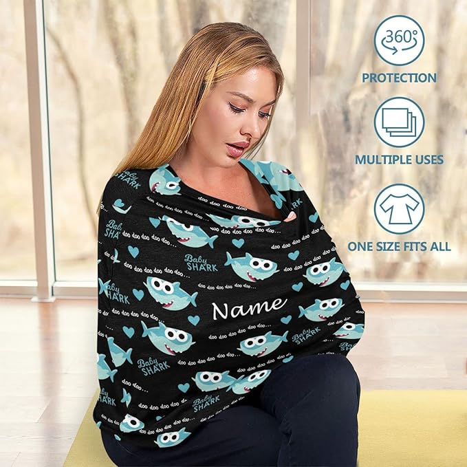 Personalized Cartoon Shark Baby Car Seat Cover for Boys Girls Newborn, Custom Baby Carseat Canopy with Name, Multiuse Nursing Covers, Infant Stroller Cover, Breastfeeding Scarf