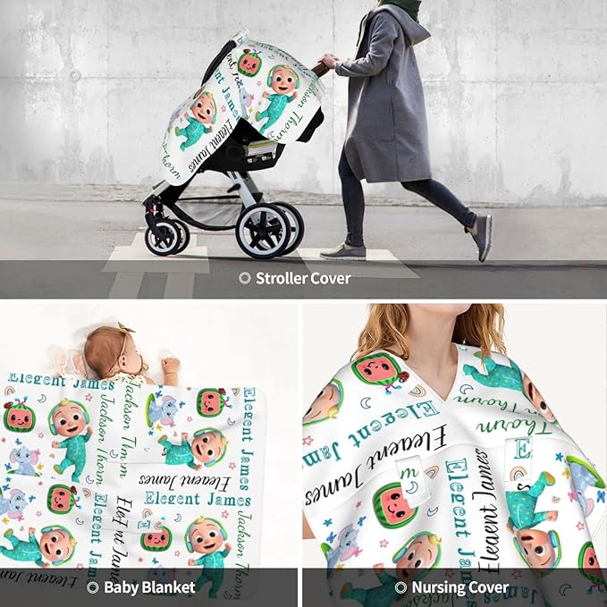 Personalized Baby Name Car Seat Covers for Girls, Nursing Custom Elephant Carseat Canopy for Babies Boy Winter Breastfeeding Cover Car Seat Canopies for Newborn Infant Toddler