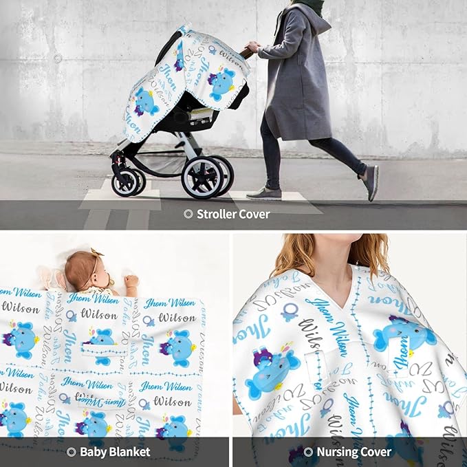 Personalized Cute Elephants Baby Car Seats Canopy for Babies with Name, Custom Monogram Car Seat Cover for Boys Girls, Opening Minky Nursing Breastfeeding Cover Infant Carseat Canopies for Newborn