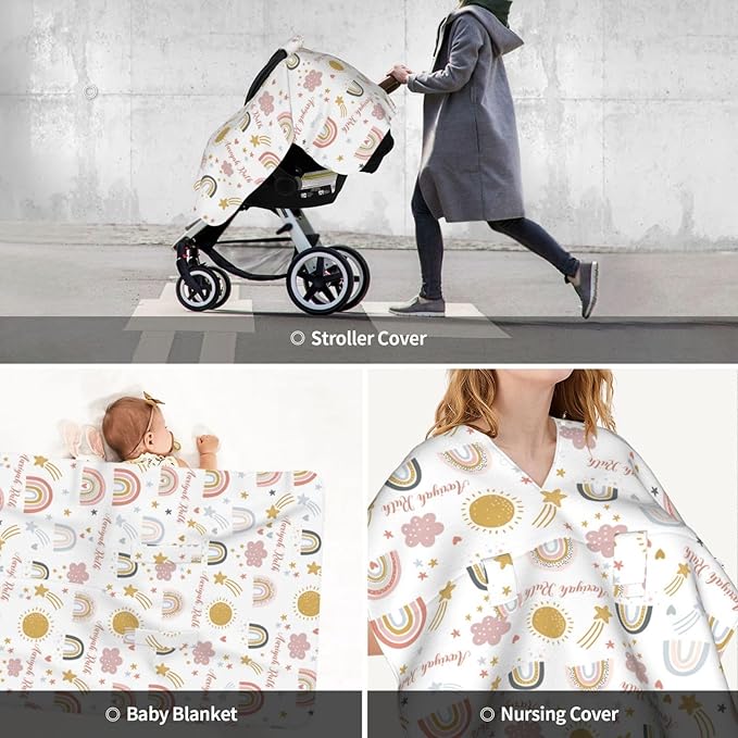 Personalized Baby Car Seat Canopy for Baby Girls, Custom Name Colorful Rainbow Baby Car Seat Covers for Babies, Opening Minky Nursing Breastfeeding Cover for Infant, Carseat Canopies for Newborn
