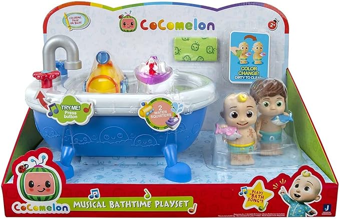 Coco Melon Musical Bathtime Playset, Includes JJ and Tomtom Figurines, Toys for Toddlers, Includes 12 Exclusive Cocomelon Stickers