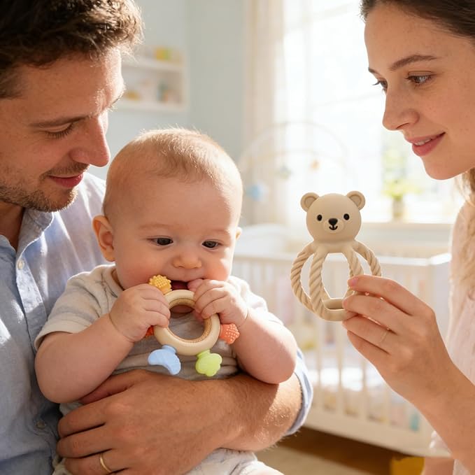 3Pcs Baby Silicone Teether Toy Set - Food-Grade Silicone Teething Relief Toys,Wooden Ring Teether Cute Bear Toy and Toy Straps for Babies 3-12 Months (Bright Beige)