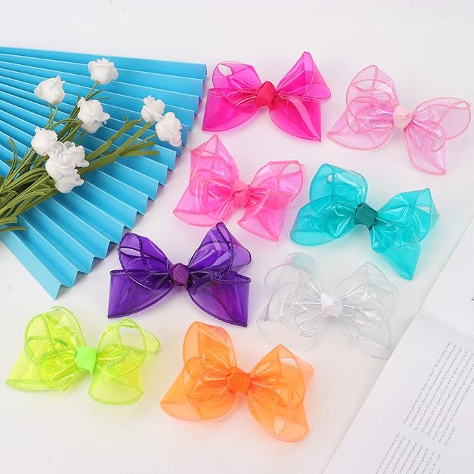 Waterproof Jelly Hair Bows, Multi-colored PVC Summer Swim Pool Bow Clips Transparent Hair Accessories for Girls Toddler Infants Kids Teens Children (Swim Pool Bows, 4inch)