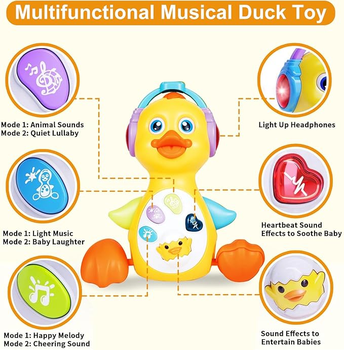 Musical Flapping Yellow Duck, Crawling Tummy Time, Educational Learning Walking Light Up Dancing Toy for 1 Year Old Baby Toddler Infant Easter Valentine Gifts