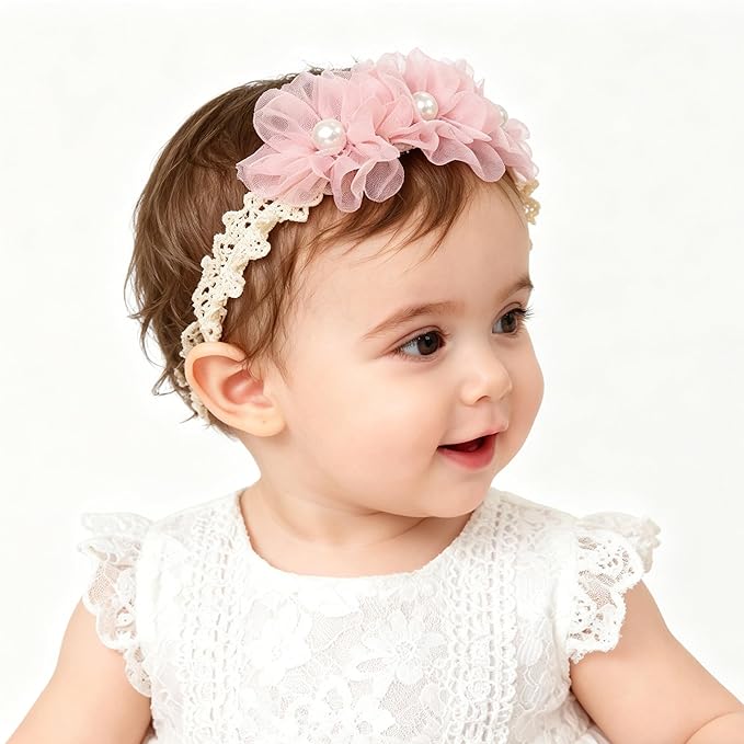 Handmade Baby Girl Headbands in Beige and Pink Lace Flowers for Newborns and Toddlers Cute Baby Girl Flowers and Newborn Headbands (Pink Lace Pearl Flowers, One Size)
