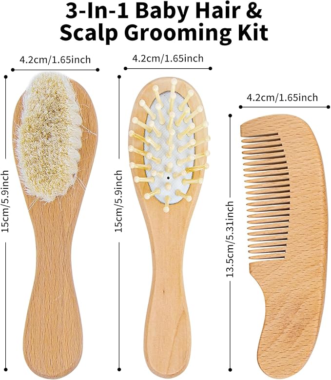 Personalized Baby Hair Brush and Comb Set for Newborn - Custom Wooden Toddler Hair Brush Set with Soft Goat Bristle, Toddler Cradle Cap Brush, Perfect Baby Registry Gift