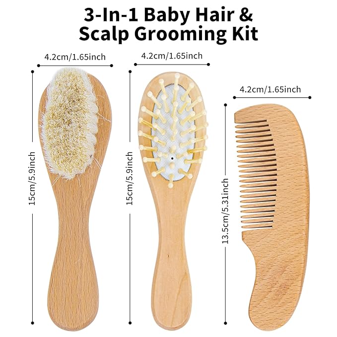 Personalized Wooden Hair Brush Set with Soft Goat Bristles for Babies and Toddlers - Cradle Cap Brush and Baby Registry Gift