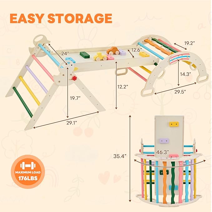 DUMOS Pikler Triangle Set, Toddler Climbing Toys and Play Structure Indoor, 9-in-1 Wooden Montessori Climbing Set with Arch, Ramp and Ladder, Foldable Baby Jungle Gym, Multicolored