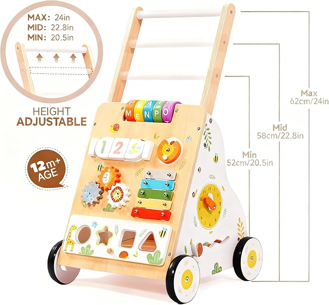 Wooden Baby Walker with Wheels, Baby Push Walker Adjustable Speed for Boys and Girls,Montessori Activity Center Walking Toys for 1 Year Old Learning to Walk,First Birthday Gift
