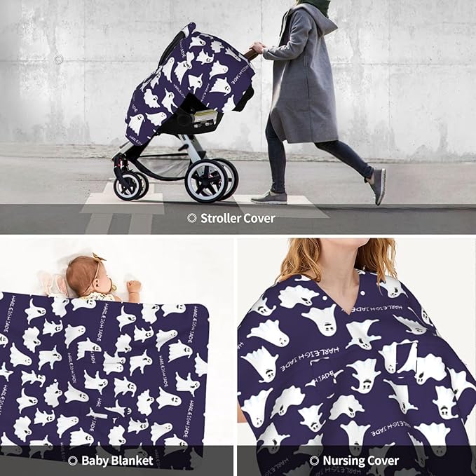 Personalized Baby Car Seat Canopy for Babies with Name, Custom Halloween Blue Ghost Stroller Car Seat Covers for Boys, Minky Nursing Carseat Cover for Breastfeeding, Car Seat Canopies for Newborn
