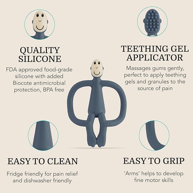 Matchstick Monkey Original Teether & Gel Applicator – Silicone Baby Teether, Easy-to-Grip, BPA-Free, Supports Self-Soothing & Early Brushing, 3 Months+, 4 Inches, Airforce Blue