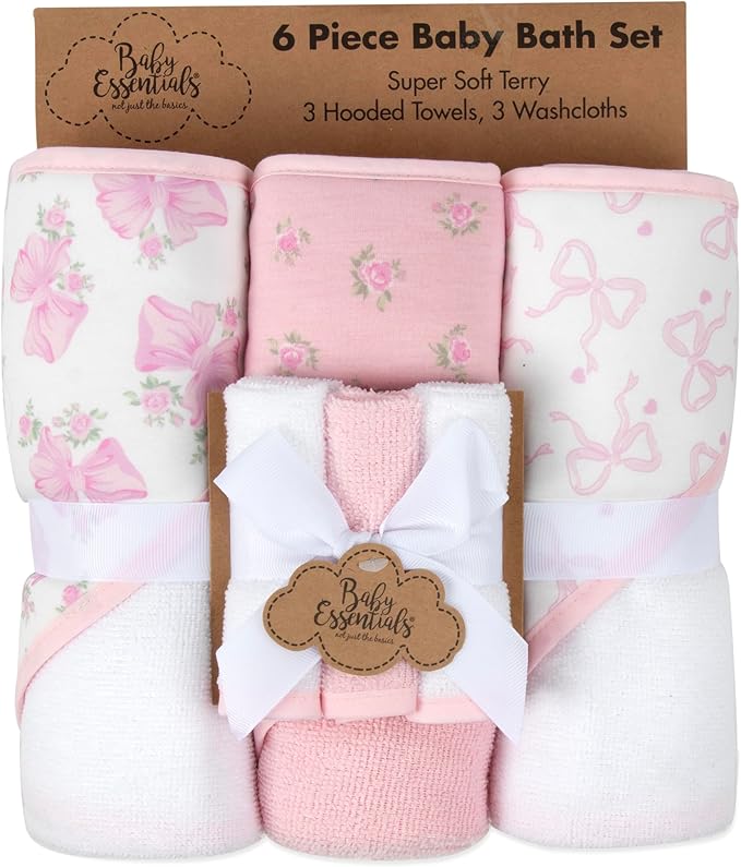 Hooded Baby Bath Towel and Washcloth 6 Piece Set for Newborns, Infants & Toddlers, Boys & Girls Baby Hooded Towels Set (Pink Bows and Flowers)