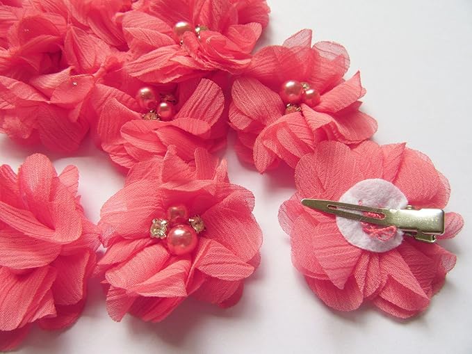 Baby Girls Chiffon Flower Hair Clips with Rhinestones and Pearl,YYCRAFT 10 pcs Party Wedding 2" Hair Accessory for Kids Toddler Infant Girls(Coral)
