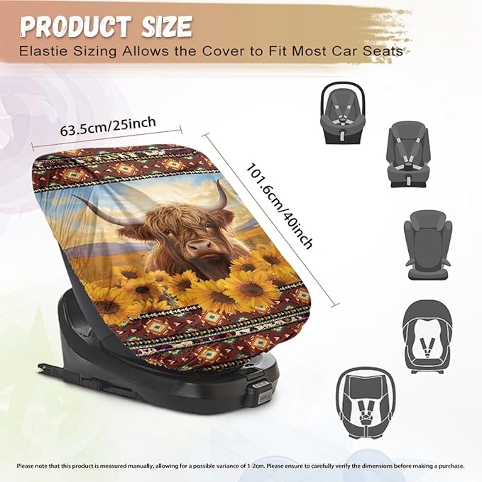 Car Seat Protector Baby Car Seat Sun Shade Cover, Keeps Baby's Carseat at Cooler Temperature, Blocks Out Heat & Sun UV Covers, Universal Toddler Car Accessories, Highland Cow Aztec Sunflower