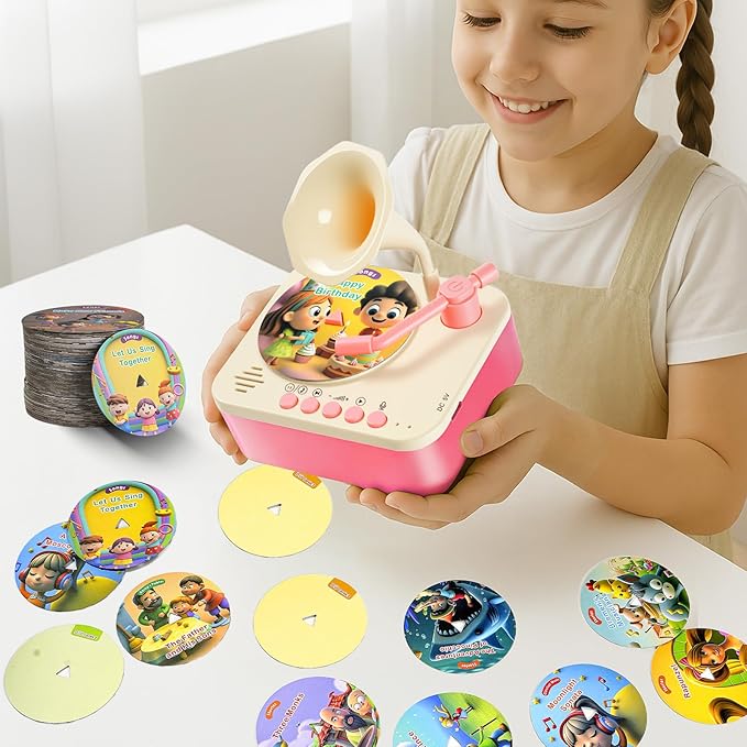 Kids Phonograph Toddler Record Player, with 96 Learning Cards, Early Education Machine Record Player Music Box Storyteller pop Speakers, Gift for Boys and Girls