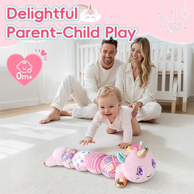 Unicorn Baby Toys 6-12 Months Infant Musical Stuffed Toys for Newborn Tummy Time Sensory toys for babies with Crinkle and Rattle 0-3-6-12 Months Old Baby Girl Must Have Christmas Birthday Gifts - Pink