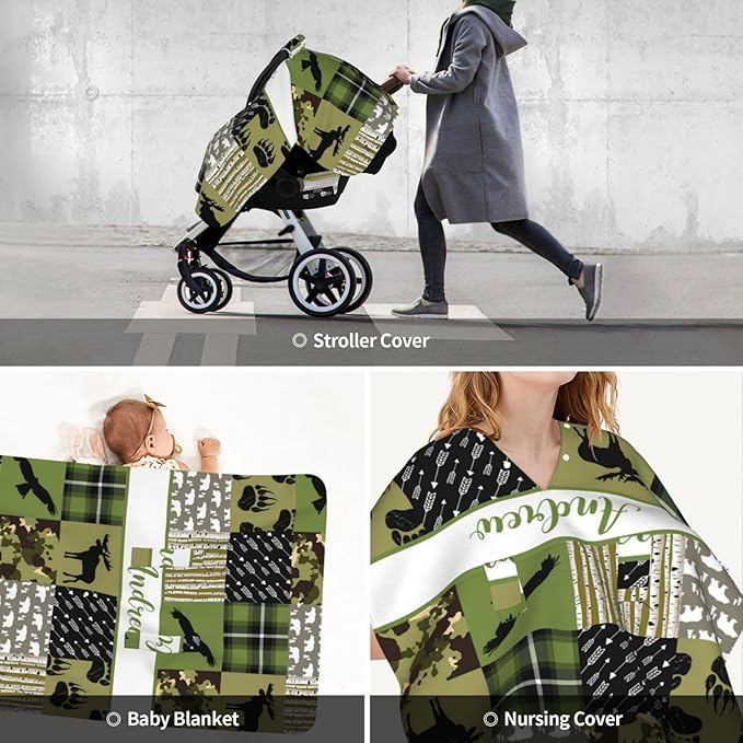 Personalized Baby Car Seat Canopy for Baby with Name, Custom Woodland Animals Green Car Seat Covers for Boy Girl, Opening Minky Nursing Breastfeeding Stroller Cover Carseat Canopies for Infant Newborn