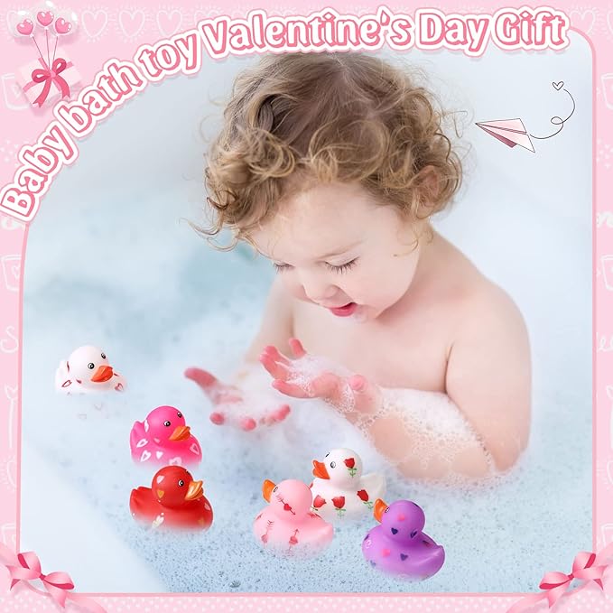 Jerify 48 Pcs 2 Inch Valentine's Day Rubber Duckies Bulk Mini Heart Rubber Ducks for Kids Bathtub Toys Classroom Prizes Birthday Wedding Party Favors Gifts Goodie Bag Fillers, 6 Styles (Cute)