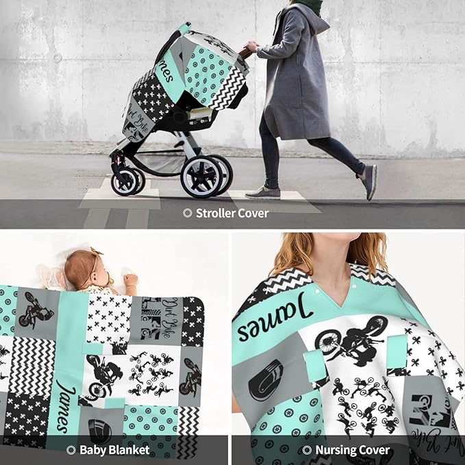 Personalized Dirt Bike Baby Car Seat Canopy for Babies with Name, Custom Motocross Baby Car Seat Covers for Boy and Girl, Opening Minky Nursing Breastfeeding Cover Infant Carseat Canopies for Newborn