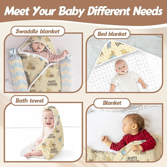 1PCS the Pooh Baby Bath Towels, Winnie Hooded Baby Towel, Bath Supplies for Newborns, Soft & Absorbent, Happy Birthday Baby Towel with 1 Toddler Face Towels 32 * 32IN