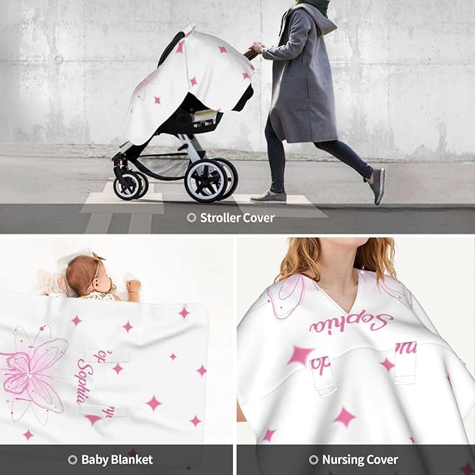 Personalized Baby Car Seat Canopy with Name, Custom Stroller Baby Car Seat Covers for Girls, Minky Nursing Carseat Cover for Breastfeeding, Car Seat Canopies for Infant Newborn(Butterfly Pink)