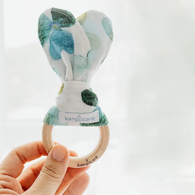 Kanga Care Baby Soft Muslin Sensory Crinkle Bunny Ear Wood Teething Ring - Clover Leaf