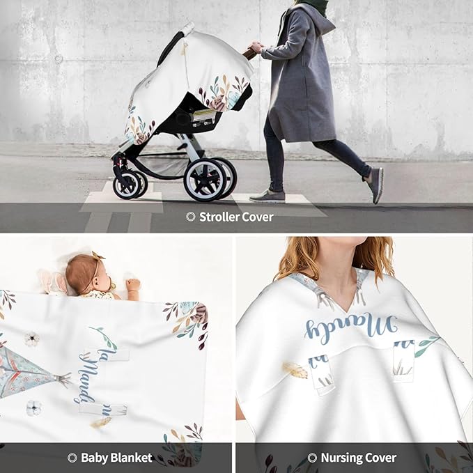 Personalized Baby Car Seat Canopy for Babies, Custom Name Car Seat Covers for Baby Girls, Floral Tent Opening Minky Nursing Breastfeeding Cover for Infant, Carseat Canopies for Newborn