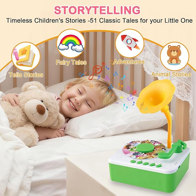 Children's Phonograph and Baby Record Player, Equipped with 96 Story Cards, Songs and Phonograph Records (Green Model)