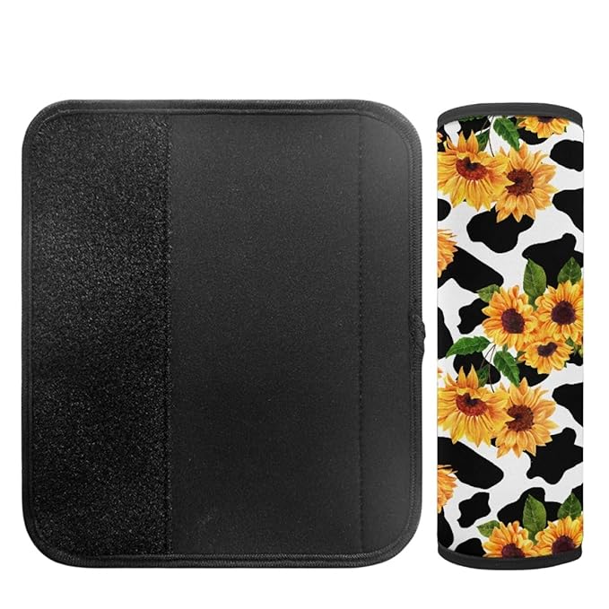 ENLACHIC Kids Car Seat Belt Cover, Cute Cartoon Animal Print Baby Car Seat Strap Pads Infant Car Seat Protector Car Accessories Universal All Cars,Sunflower Cow Print