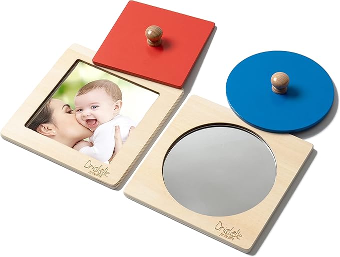 Driddle Montessori Toys - Wooden Knob Shape Puzzles - Mirror & Photo Insert - Learn Colors & Shapes Interactive Baby & Toddler Toys