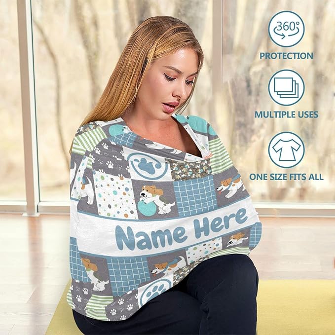 Personalized Cute Puppy Baby Car Seat Cover for Babies with Name, Custom Dog Patterns Baby Car Seats Canopy for Boys Girls, Nursing Breastfeeding Stroller Covers Infant Car Seat Blanket for Newborn