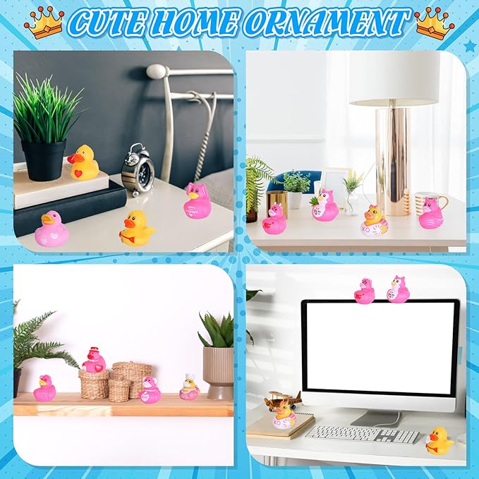 24 PCS Pink Rubber Ducks with Cards and Bands - Bulk Mini Rubber Ducks for Baby Bath Toys, Birthday Party Favors, and Cruise Ship Hiding Fun