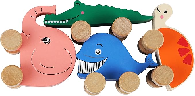 TOWO Wooden Cars for Toddlers - Animals on Wheels - Vehicles Sensory Grasping Motor Skill Toy –Push and Go First Trucks for Baby 12 Months 1 Year Old