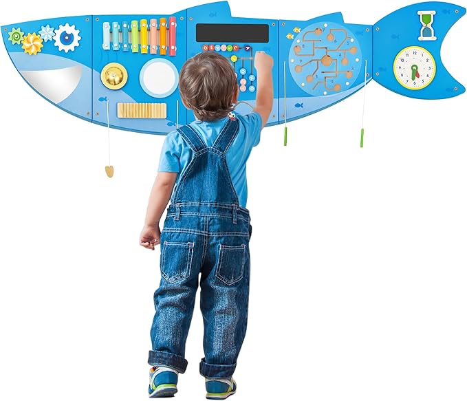 Shark Activity Wall Busy Board Panels,Busy Board for Toddlers Montessori Sensory Toys Wall Mount Wooden Learning Toy Ideal Furniture for Playroom & Children's Daycare