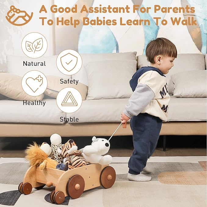 Woodtoe Wooden Baby Walker, Adjustable Speed Anti-Rollover Push Walker Toy for Babies Learning to Walk, Natural Toddler Push and Pull Toys Wagon, Montessori Birthday Toy Gift for Boy Girl 1 2 3 Years