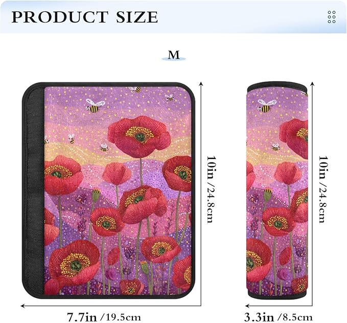 2 Pack Seatbelt Covers Seat Belt Cover Pad for Adults Boys Girls Car Seat Strap Covers Pads Cushion Universal Shoulder Strap Pad Protector for Backpack Camera Bag 6.5 Inch Poppy Flowers and Bees