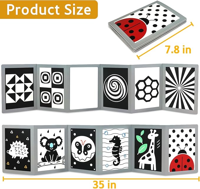 KUANGO Black and White High Contrast Tummy Time Mirror Toys Newborn Toys 0 6 Months Brain Development Infant Stimulating Sensory Baby Mirror Book 0-3 3-6 2 4 5 Months Old Baby Boy Girl Gifts