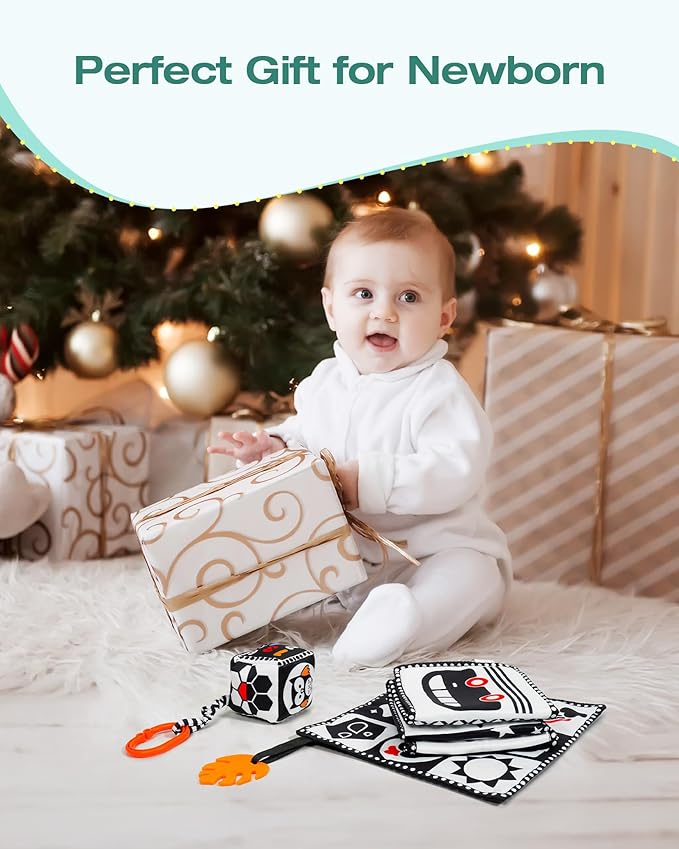 Melican 3 PCS Black and White High Contrast Baby Toys 0-3 Months for Newborn, Montessori Toys for Babies Sensory Soft Book for Early Education, Infant Tummy Time Toys 0 6 9 12 Months Baby Gifts