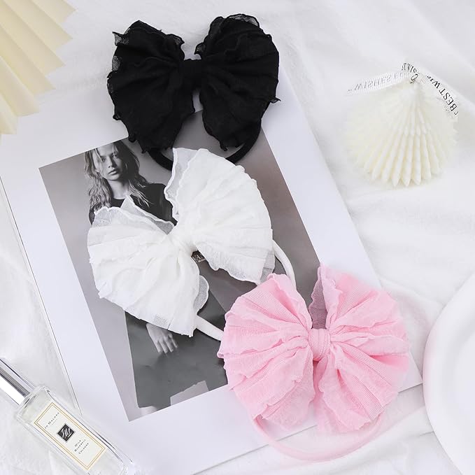 Baby Girls Headbands Bows Newborn Lace Hair Bow Hair Accessories for Infant Baby Girls Headband Toddler Black White Light Pink 3Pcs