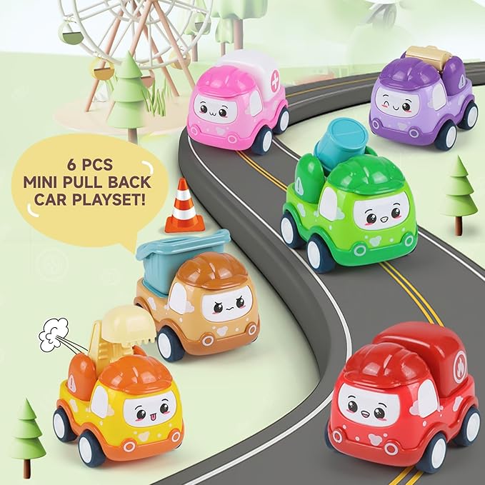 Baby Mini Car Toys for 1 Year Old Boy Gifts, 6 Sets Pull-Back Trucks for Toddlers Age 1-3, Infant Push and Go Friction Powered Vehicles, Early Educational Birthday Gift for 1 2 3 Year Olds Boy Girl