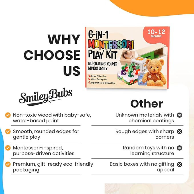 Montessori Baby Toys 10-12 Months, Montessori Toys for 1 Year Old, Baby Sensory Toys for 10-12 Month Infants - A Sliding Box, Puzzle, Switchboard, Pulling Carrots, Doll, Fruit Flash Cards