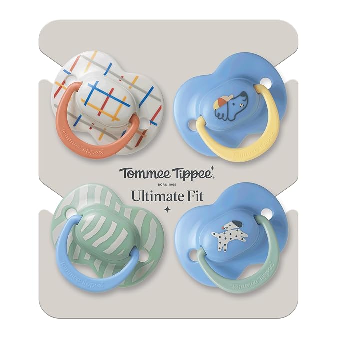 Tommee Tippee Ultimate Fit Pacifiers, 6-18 Months, Extra Air Holes, Symmetrical Nipple and Shield, 100% BPA Free Silicone, Dishwasher and Sterilizer Safe, Blue and Green, Pack of 4
