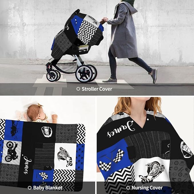 Personalized Baby Car Seat Canopy for Babies with Name, Custom Car Seat Covers for Boys, Infant Opening Minky Nursing Breastfeeding Stroller Cover Carseat Canopies for Newborn (Motocross Dirt Bike)