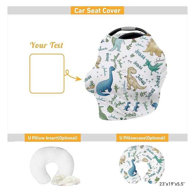 Personalised Car Seat Cover for Girls and Boys - 7 in 1 Light Green Dinosaur Multipurpose Breast Feeding Cover, Nursing Cover, Grocery Cart Cover - Birthday Gift for Babies(27"x29")