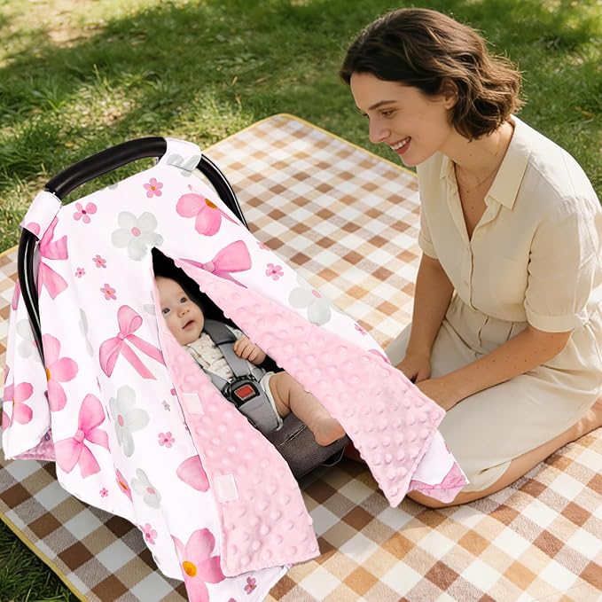 Hooyax Peekaboo Car Seat Cover for Baby Girl - Warm Minky Carseat Canopy with Adjustable Opening, Universal Fit for Infant Car Seats & Strollers, Soft Nursing Cover & Blanket (Pink Bow)